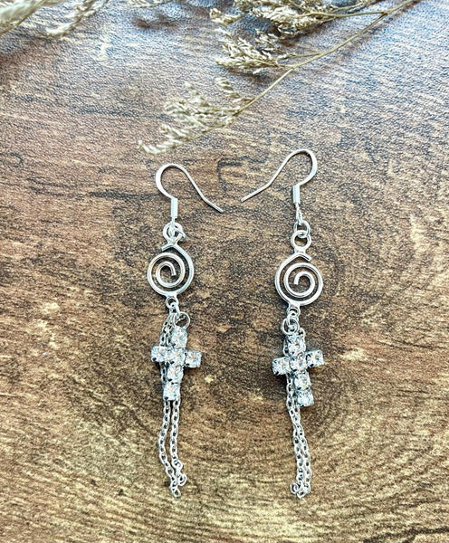 The Silver Cross Dangle Chain Earrings