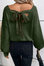 Load image into Gallery viewer, Jungle Green Lantern Sleeve V Neck Knot Back Sweater