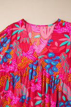 Load image into Gallery viewer, Rose Tropical Printed Lantern Sleeve V Neck Ruffled Plus Size Mini Dress