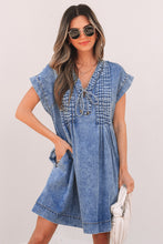 Load image into Gallery viewer, Beau Blue Tie V Neck Tucking Detail Short Sleeve Denim Shift Dress