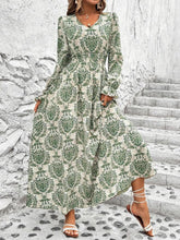 Load image into Gallery viewer, Smocked Printed V-Neck Flounce Sleeve Dress