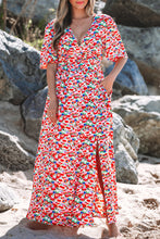 Load image into Gallery viewer, Red Floral Half Sleeve Deep V Neck Cutout Back Split Maxi Dress