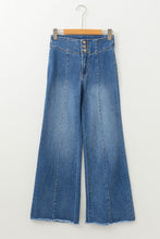 Load image into Gallery viewer, Sail Blue High Waist Button Fly Seamed Raw Hem Flare Jeans
