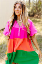 Load image into Gallery viewer, Multicolor Color Block Tiered Puff Sleeve Dress