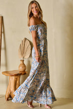 Load image into Gallery viewer, Blue Boho Paisley Print Off Shoulder Maxi Dress