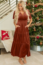 Load image into Gallery viewer, Chestnut Velvet Short Sleeve Shirred Waist Tiered Maxi Dress
