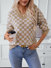 Load image into Gallery viewer, Checkered V-Neck Dropped Shoulder Sweater