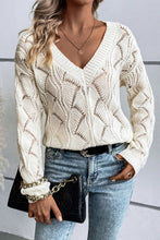 Load image into Gallery viewer, Beige Hollow Out Knit V Neck Drop Shoulder Sweater