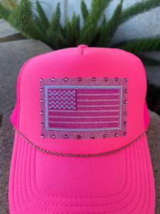 Hot Pink Flag Mesh Trucker Hat