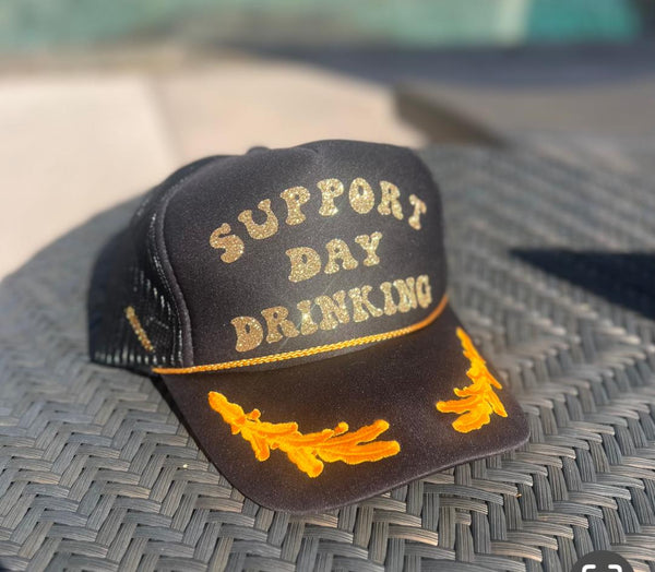 Support Day Drinking Captains Black Trucker Hat