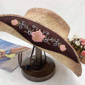 Embroidered Tied Raffia Hat
