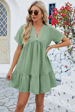 Load image into Gallery viewer, Ruched Tiered V-Neck Short Sleeve Mini Dress