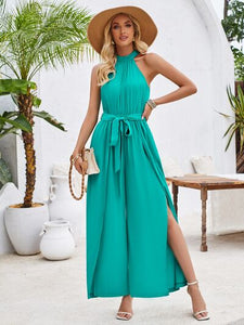 Ruched Slit Tied Sleeveless Jumpsuit