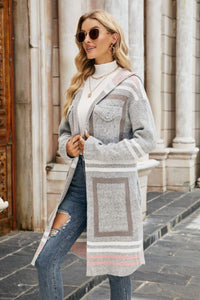 Double Take Printed Open Front Hooded Longline Cardigan
