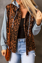 Load image into Gallery viewer, Leopard Distressed Drawstring Hooded Denim Jacket