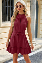 Load image into Gallery viewer, Ruched Grecian Neck Tie Waist Mini Dress