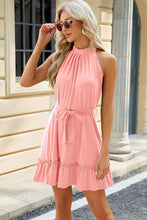 Load image into Gallery viewer, Ruched Grecian Neck Tie Waist Mini Dress