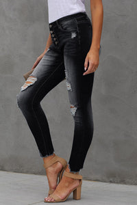 Baeful Button Fly Hem Detail Ankle-Length Skinny Jeans