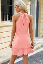 Load image into Gallery viewer, Ruched Grecian Neck Tie Waist Mini Dress