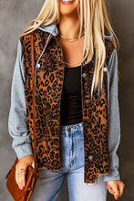 Load image into Gallery viewer, Leopard Distressed Drawstring Hooded Denim Jacket