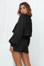 Load image into Gallery viewer, Round Neck Long Sleeve Top and Drawstring Shorts Lounge Set